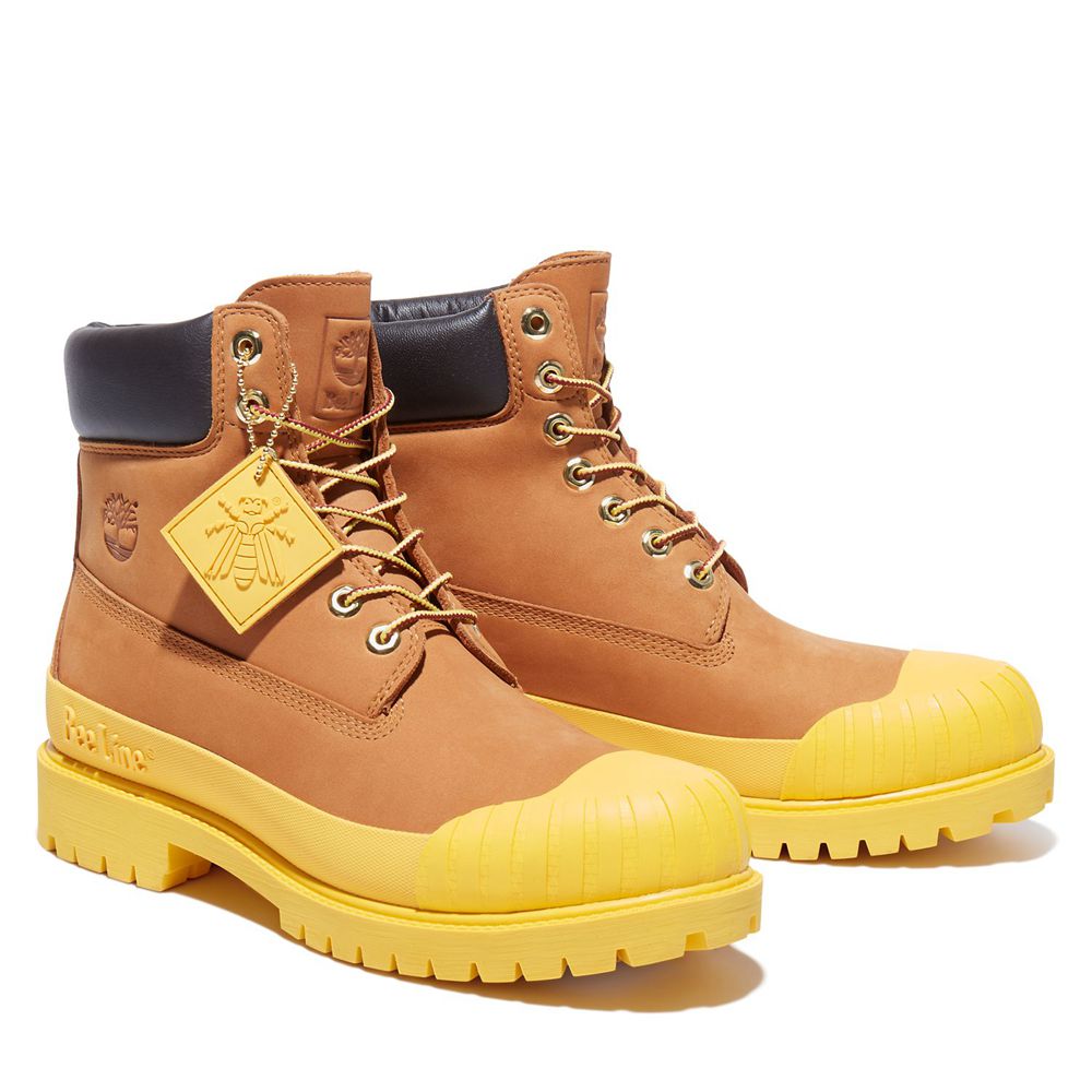 Timberland Mens 6-Inch Boots Bee Line x Waterproof Rubber Toe - Brown/Yellow - India HR5463987